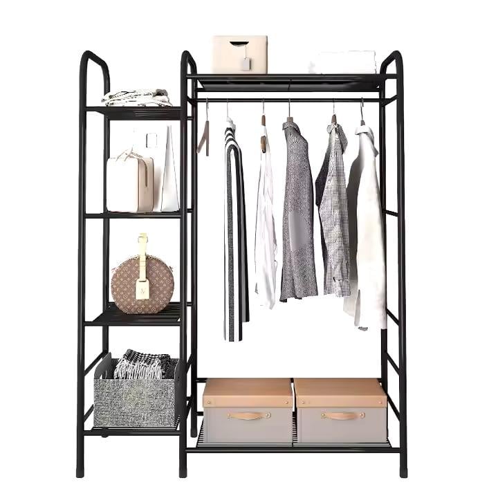 Стелаж для одягу та обвуви на 4 яруси з поперечиною для тремпелів і полицею металевий Чорний