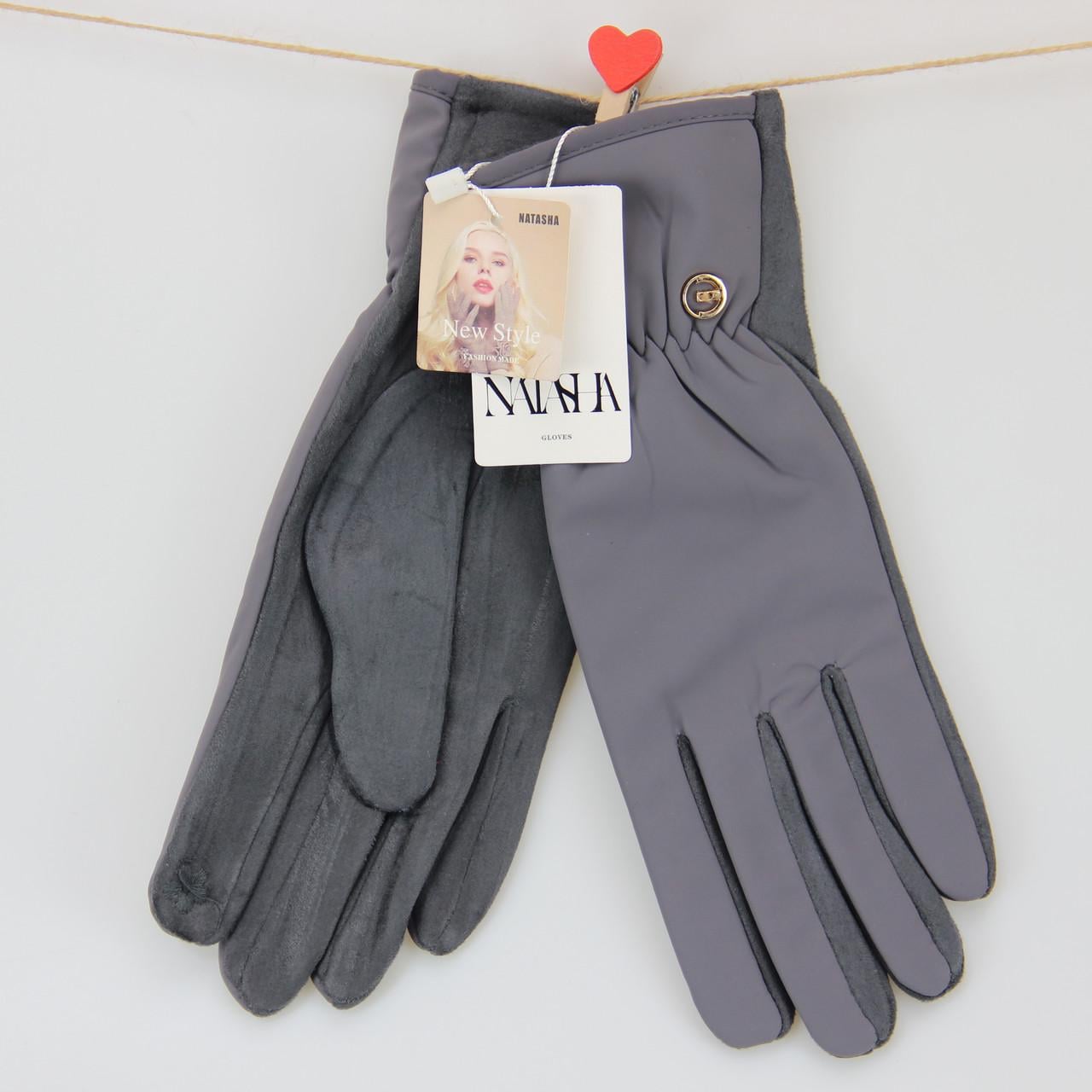 Перчатки женские сенсорные из искусственной замши с плащевкой и пуговицей M Графитовый (33990)