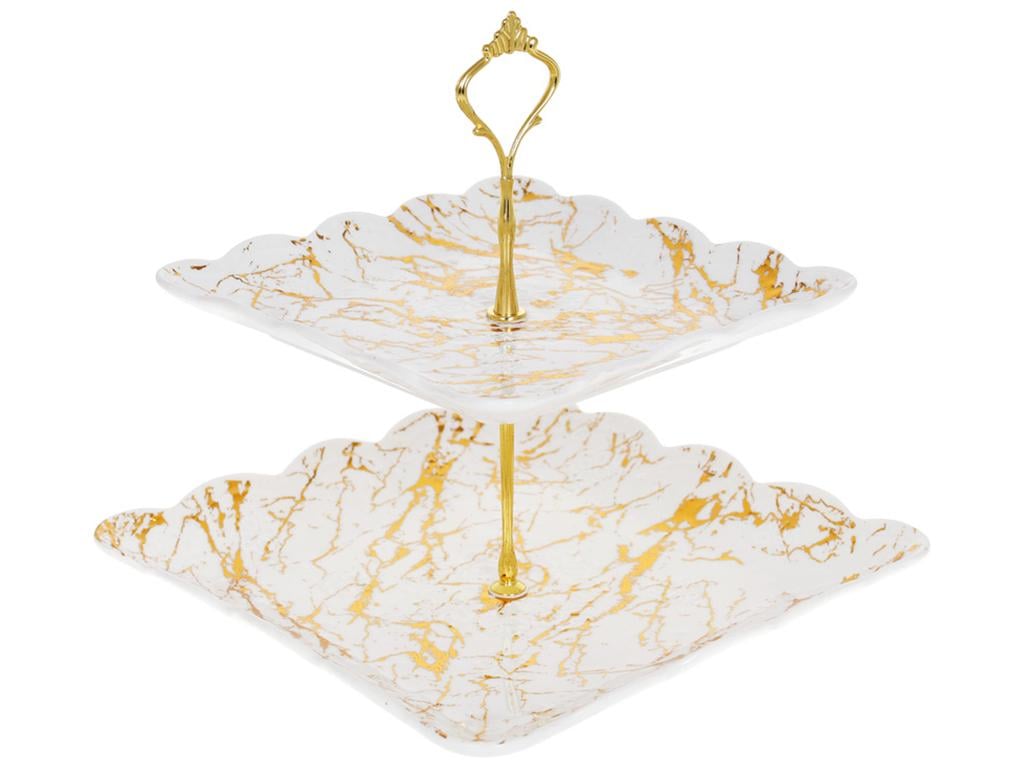 Фруктовница двухъярусная Мраморная Роскошь 26 см Белый с золотым (BDI-988-294)