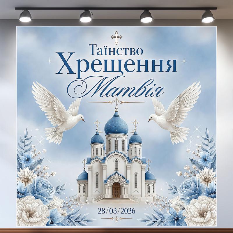 Баннер для фотозоны на крестины Таинство Крещения с церковью и голубями голубой 200х200см, №48001 Баннер для фотозоны на крестины Таинство Крещения с церковью и голубями голубой 200х200см, №48001