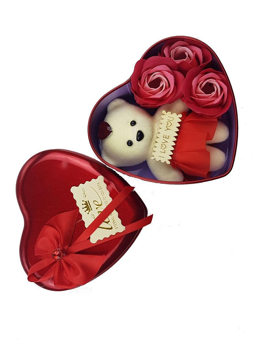 Подарочный набор Мишка в коробочке Love you 3 розы с лепестками