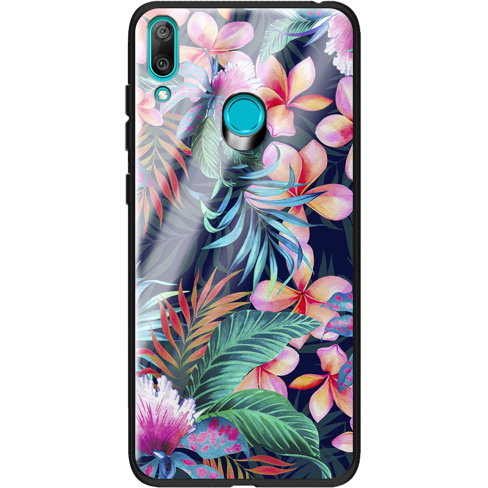 Чехол Boxface Huawei Y7 2019 flowers in the tropics Черный силикон со стеклом (36044-up1971-37730)