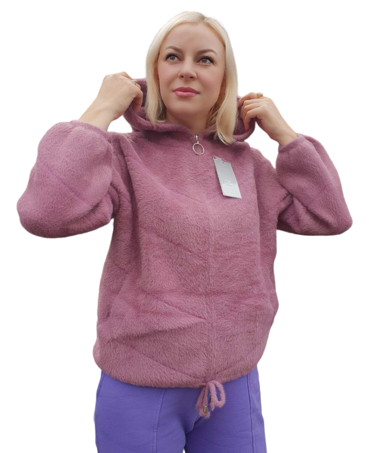 Пальто женское с капюшоном из шерсти альпака р. 46-50 Сиреневый (8816)