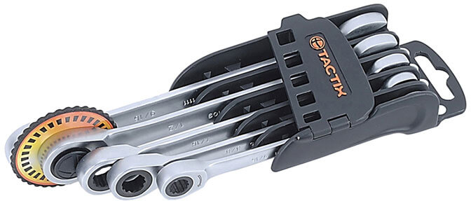 Набор ключей рожково-накидных Tactix 5шт. 8-14 мм с трещоткой сталь Cr-V (INSKLKLRNTN5000MT0)