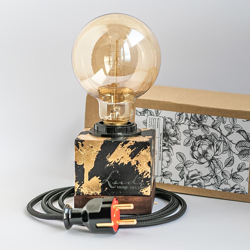 Ночник лофт Ludo лампа Эдисона на бетонной основе Кубо Черный с золотом