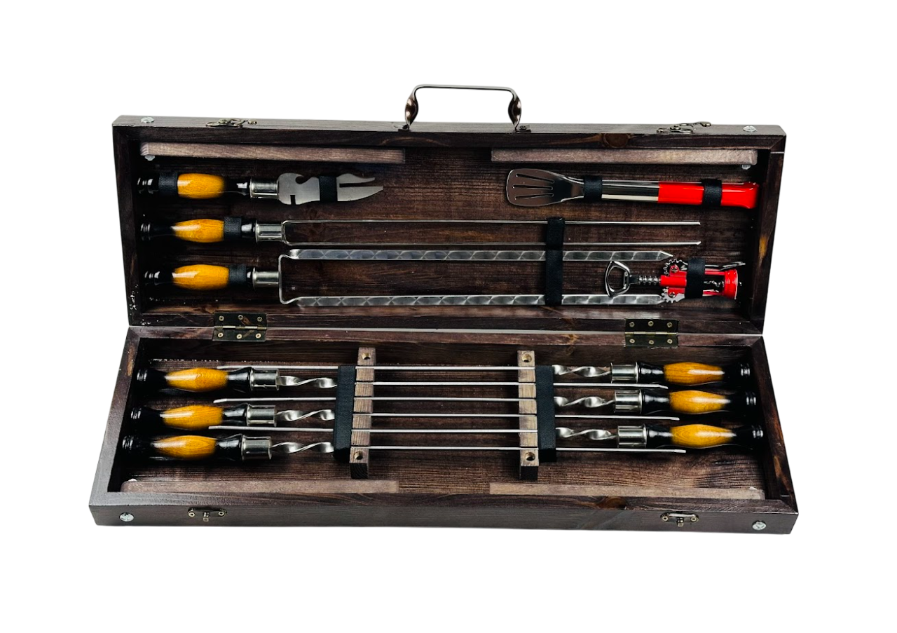 Набор шампуров ручной работы Пантера люкс с аксессуарами и столом-трансформером 11 предметов 74х24х10 см. Коричневый (124-10-KS-7623)