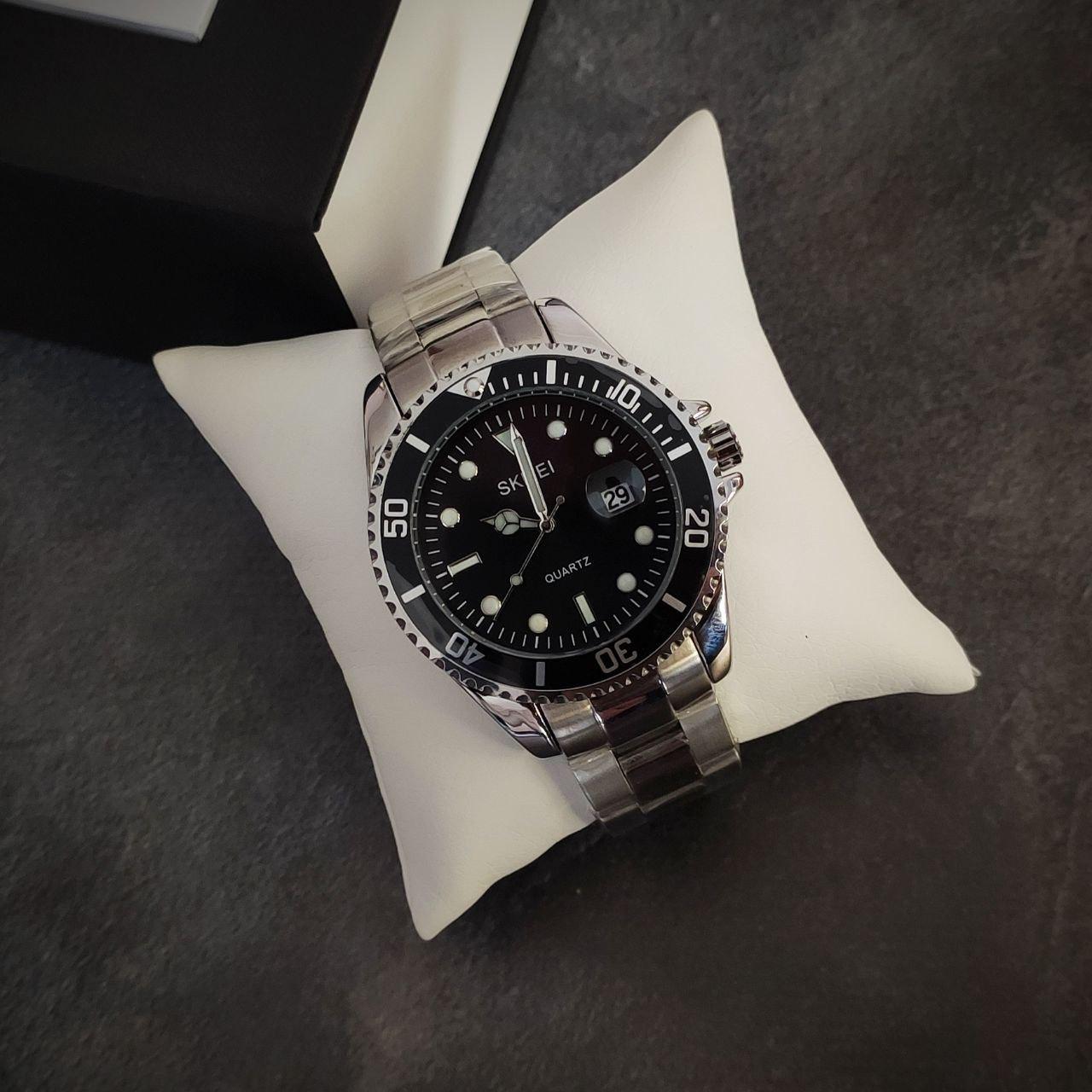 Часы наручные мужские Skmei класические кварцевые с черным циферблатом Silver (1779)