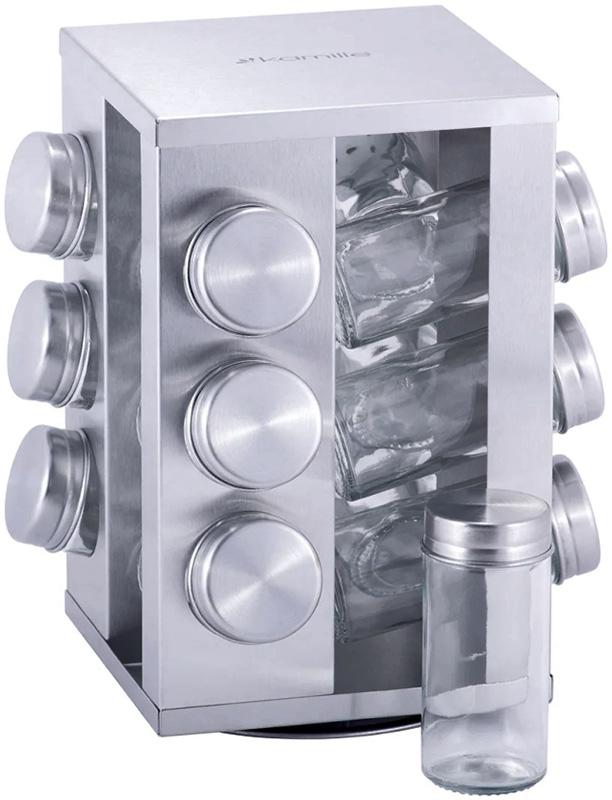 Набор для специй Kamille Mirele Silver 12 емкостей на стальной квадратной подставке (KM-7033)