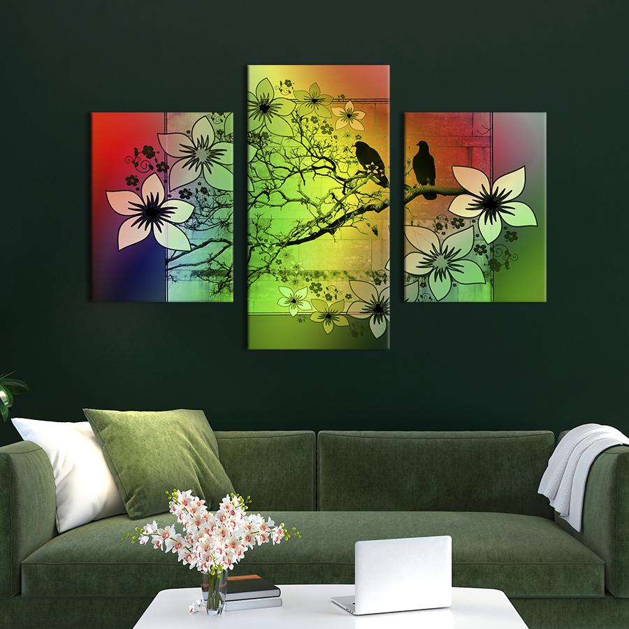 Картина на холсте триптих Силуэты птиц на цветущей ветке 141x90 см (798-32)