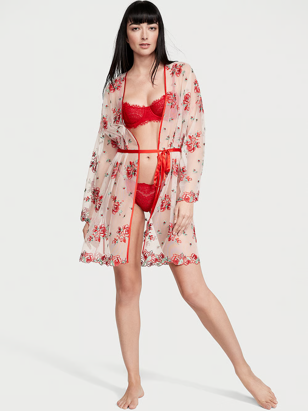 Халат жіночий Victoria's Secret Floral Embroidery Sheer Mesh Robe мереживний у квіти M/L Бежевий (21175921)