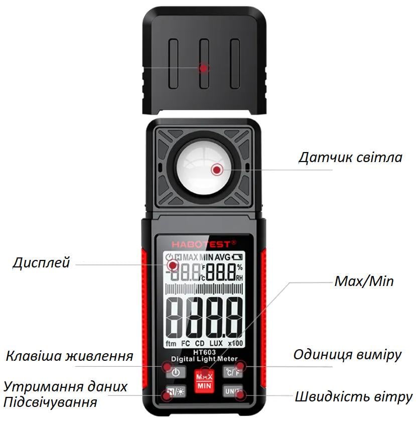 Люксметр цифровой Habotest HT603 до 200000 люкс с измерителем влажности и температуры (78271792) - фото 4