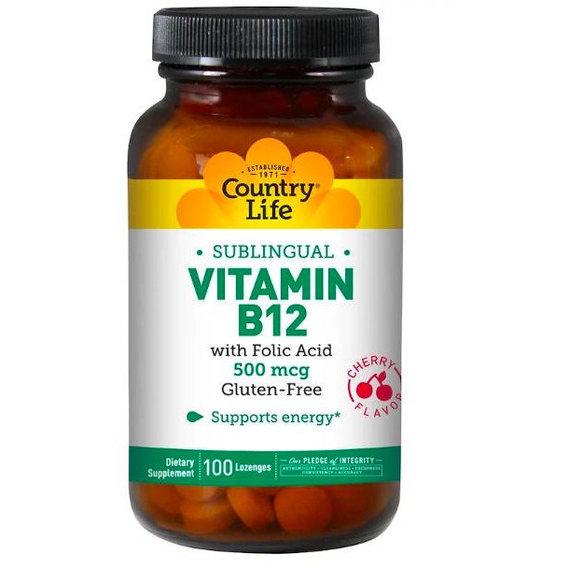 Метилкобаламін Country Life Vitamin B12 Sublingual 500 mcg 100 Lozenges Cherry Flavor