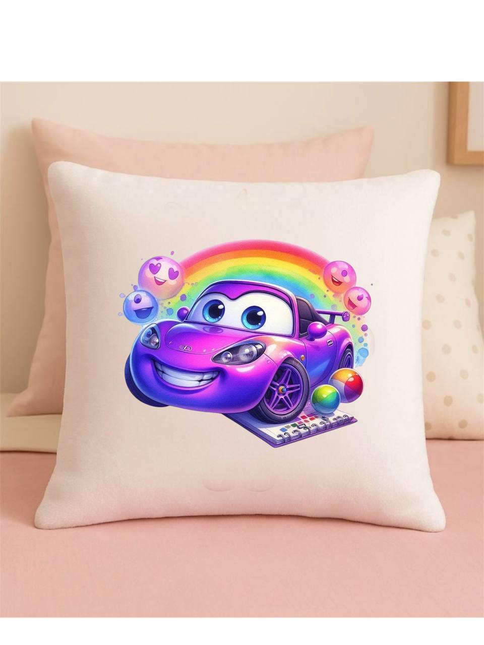 Подушка декоративна плюшева Машинка та райдуга 30x30 см (29017934)