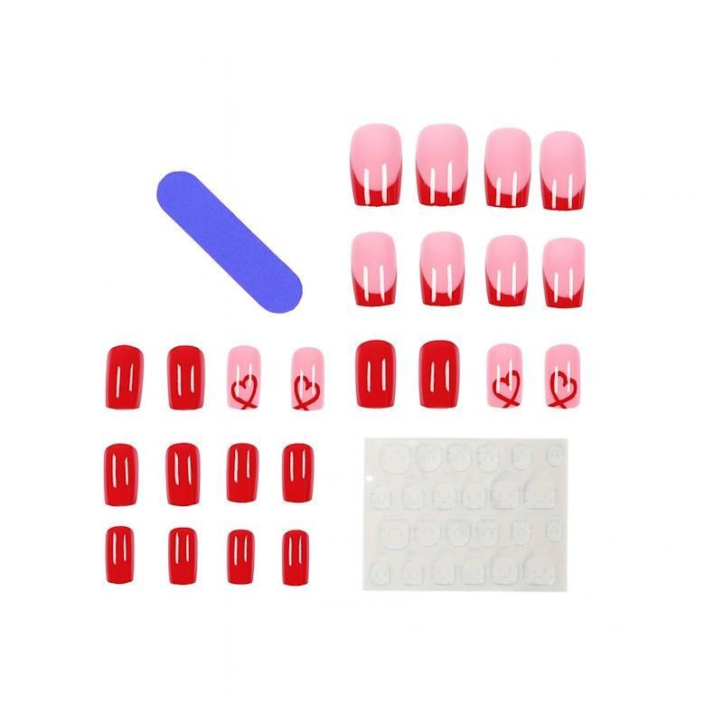 Накладные ногти с сердцем квадрат средней длины с клеевыми пластинами 24 шт. Алый (2789190676)