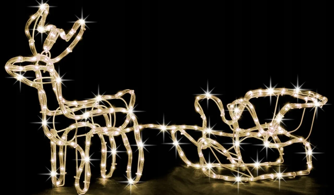 Светодиодная фигура из дюралайта «Новогодний олень» с санями маленький от сети Теплый Белый