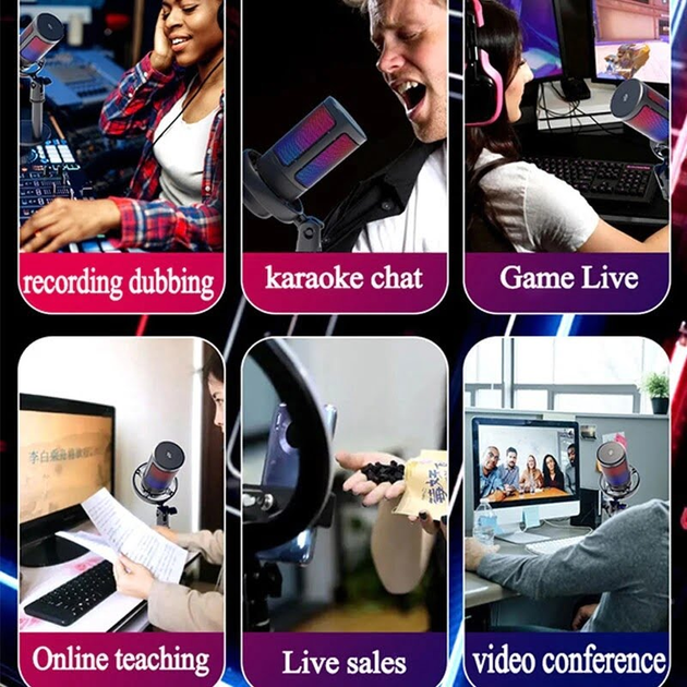 Микрофон-USB игровой ME6S RGB со стойкой Plug & Play для ПК живая запись/шумоподавление/конденсаторная Black - фото 10