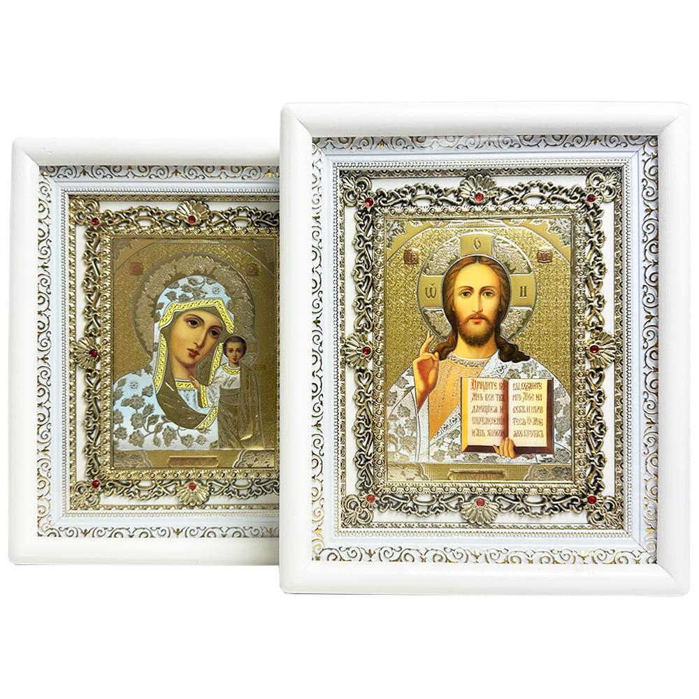 Венчальная пара Богородица и Спаситель в белой раме (35-О/Б-Б)