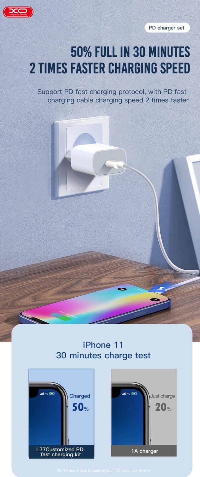 Зарядка быстрая Xo L77 PD кабель Lightning 20W White (34916) - фото 4 Зарядка быстрая Xo L77 PD кабель Lightning 20W White (34916) - фото 4