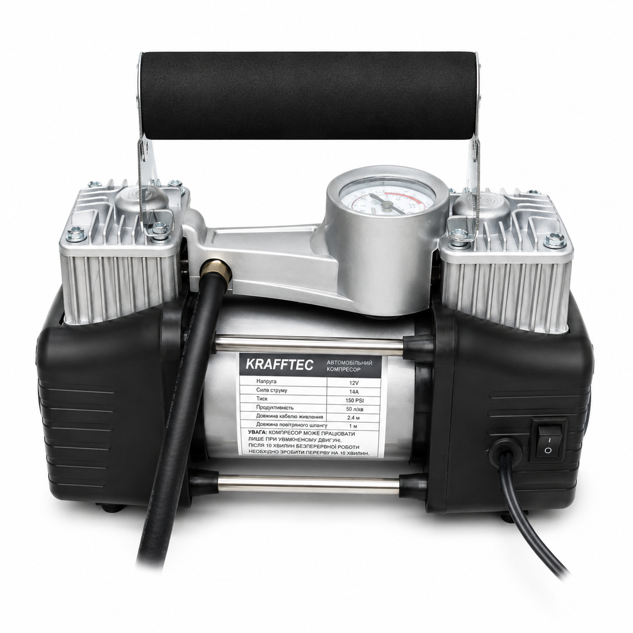 Компрессор автомобильный Мощный Krafftec Germani 12V 85 л мин кейс насадки Черный (Germani 12V 85 л/мин)