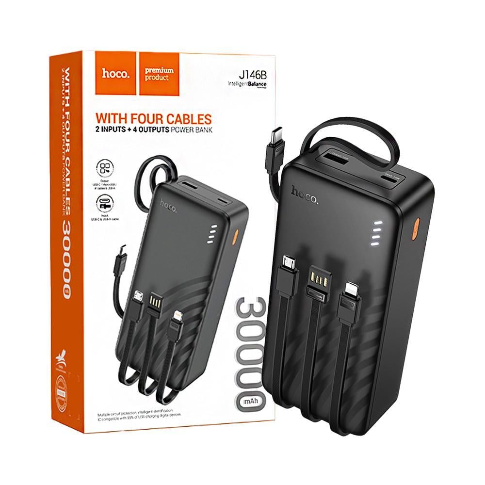 Повербанк Hoco J146B 30000 mAh с кабелями USB/Micro/Type-C/Lightning 22,5W Черный (J146)