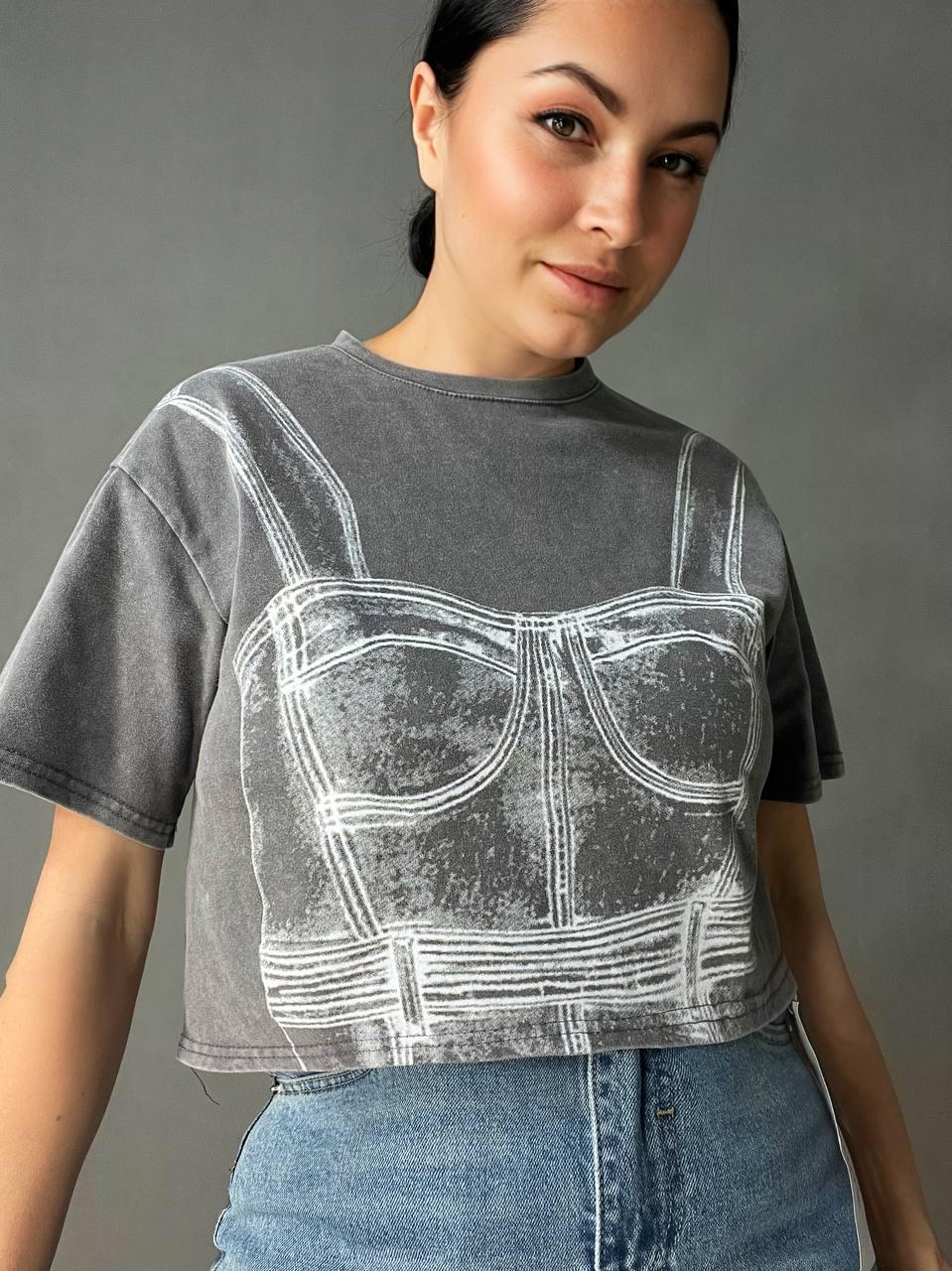 Футболка женская A-N 2732 вареная короткая широкая корсет бра OS Серый (2219)