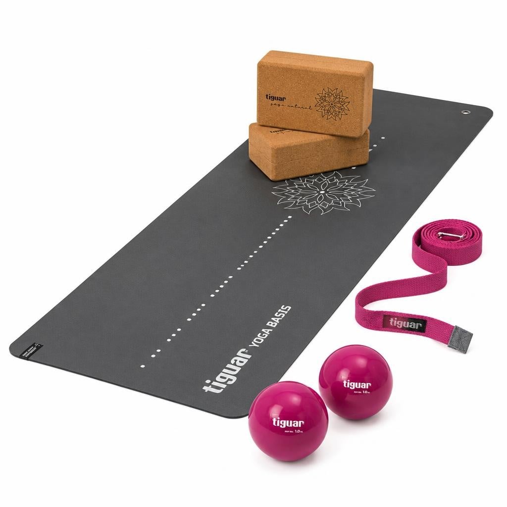 Набір Tiguar для йоги килимок Yoga Basis/2 коркові блоки/ремінь 270 см/2 м’ячі Heavyball Сіро-фіолетовий (YOGA-POWER-PLUS-01)