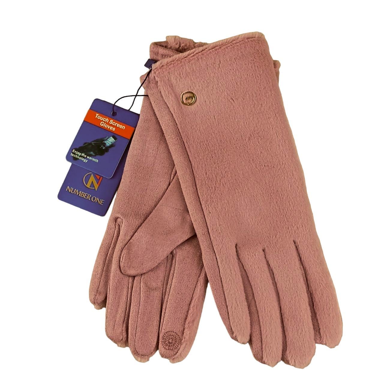 Перчатки женские сенсорные мех/велюр с пуговицей S-M Розовый (47176)