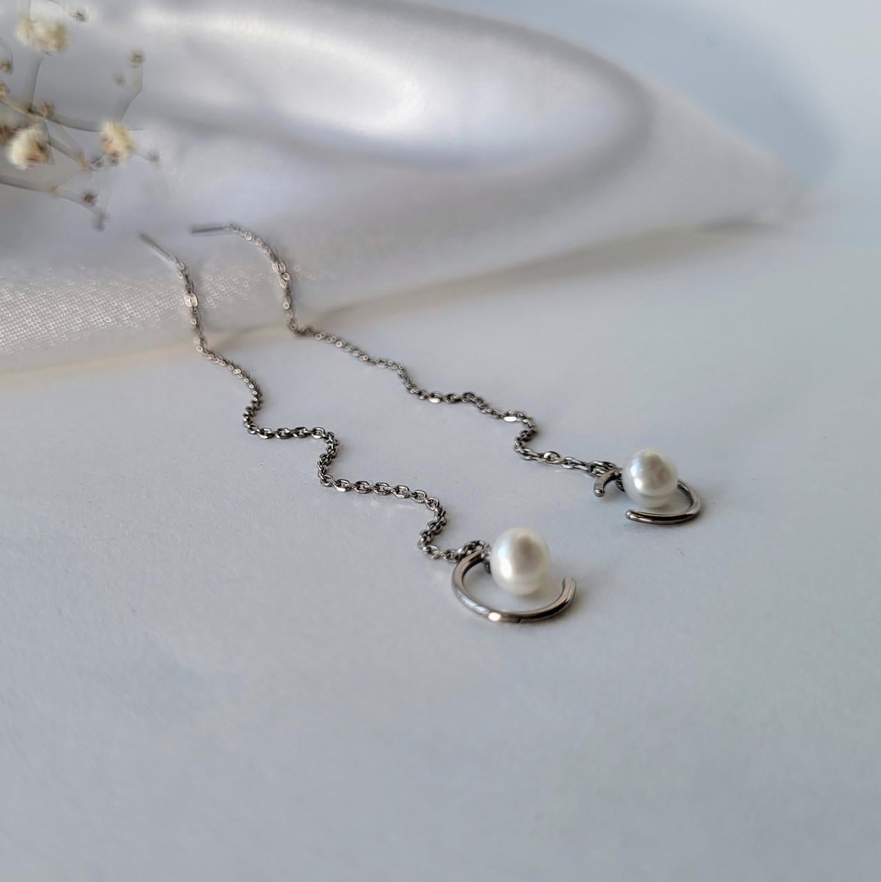 Серьги протяжки с белым жемчугом серебро 925 проба 1,99 г (262815)