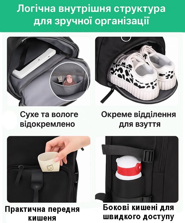 Спортивная сумка с отделом для обуви дорожная из нейлона 30 литров Черный - фото 7