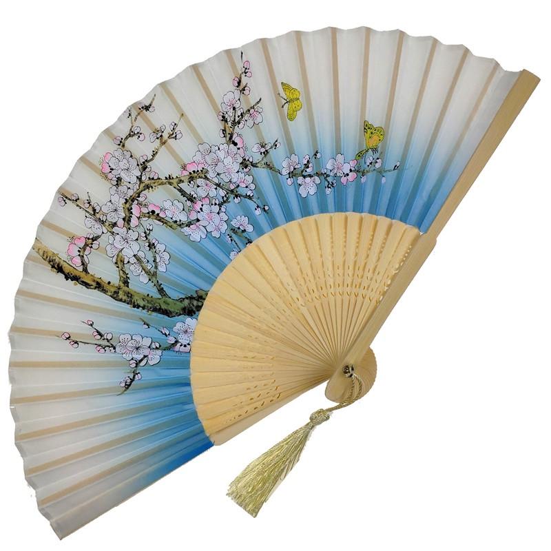 Веер деревянный Цветущая сакура 21х37 см Голубой (C2528)