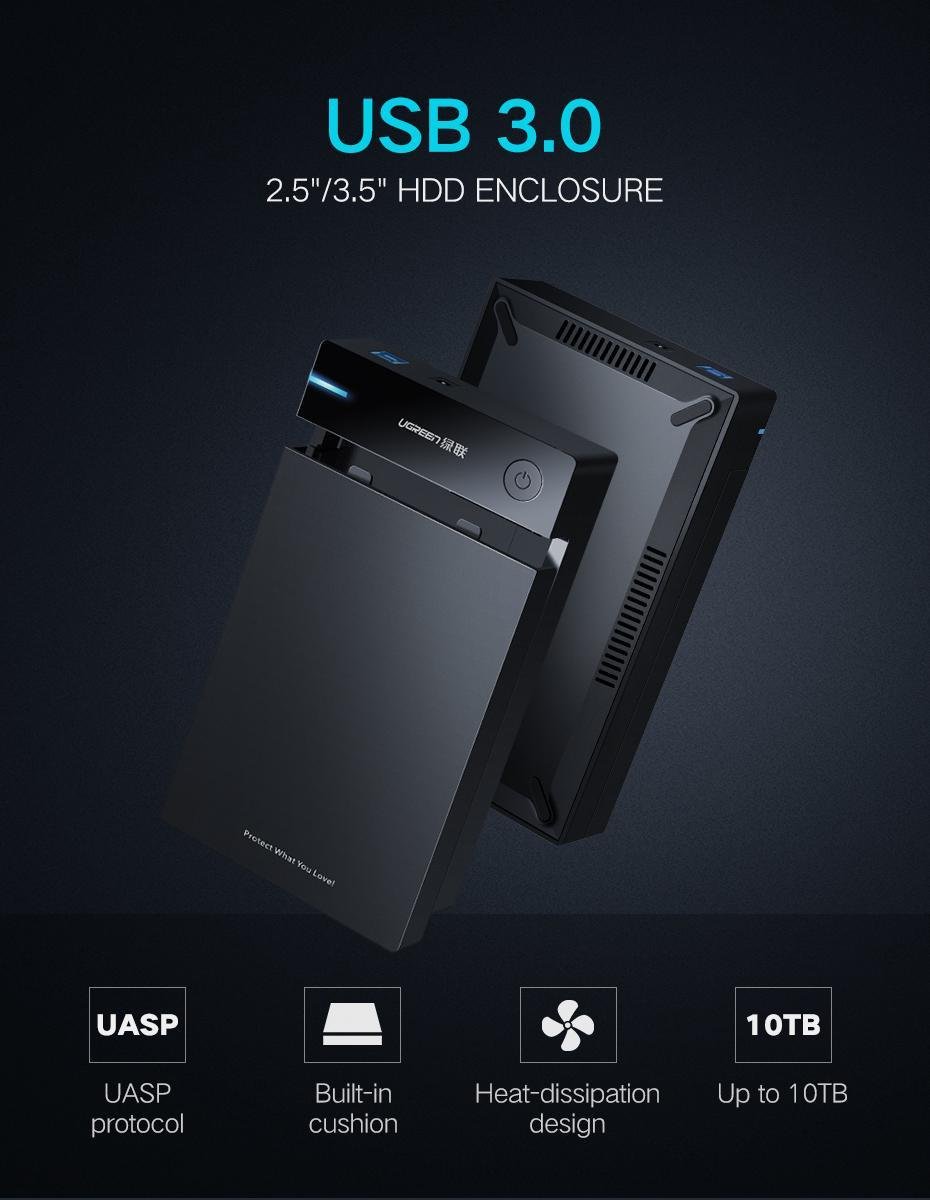 Корпус UGREEN для SSD/HDD 3,5 и 2,5 дюймовых/5 Гбит/с USB 3.0 до SATA III с кабелем USB-Micro-USB Type-B 3.0 Micro-B Черный (50422) - фото 2