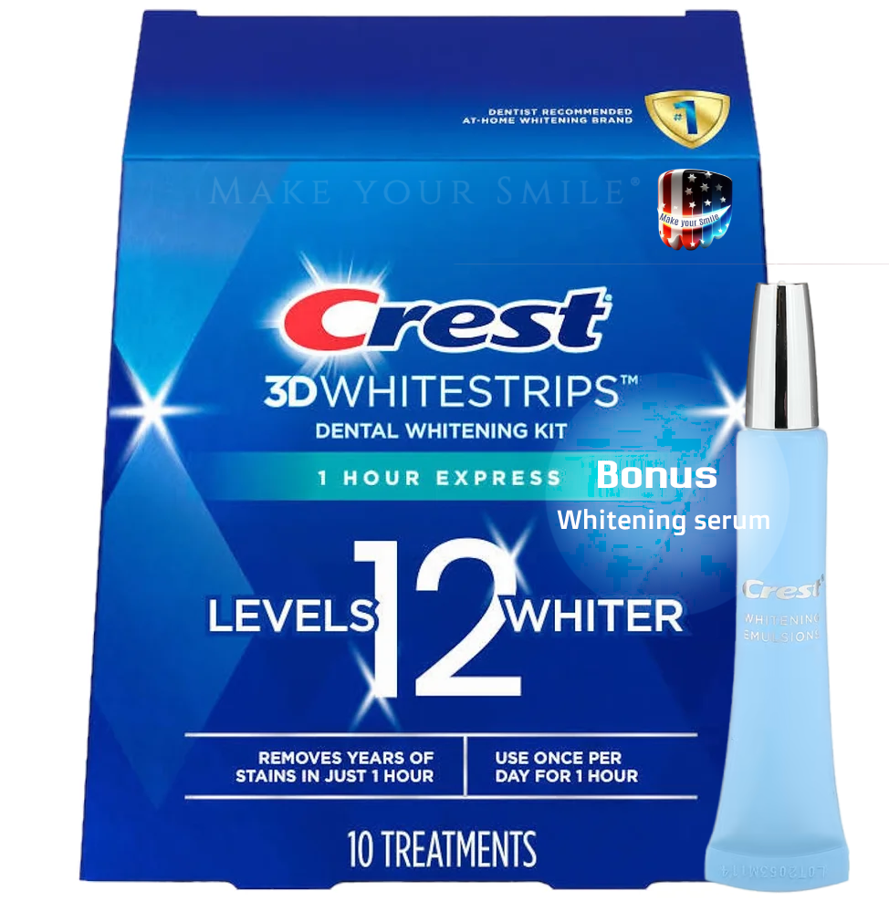 Смужки відбілюючі для зубів Crest 3D 1 Hour Express Whitestrips 10 пар смужок та відбілююча емульсія Crest Whitening Emulsions 10 г (34567890)