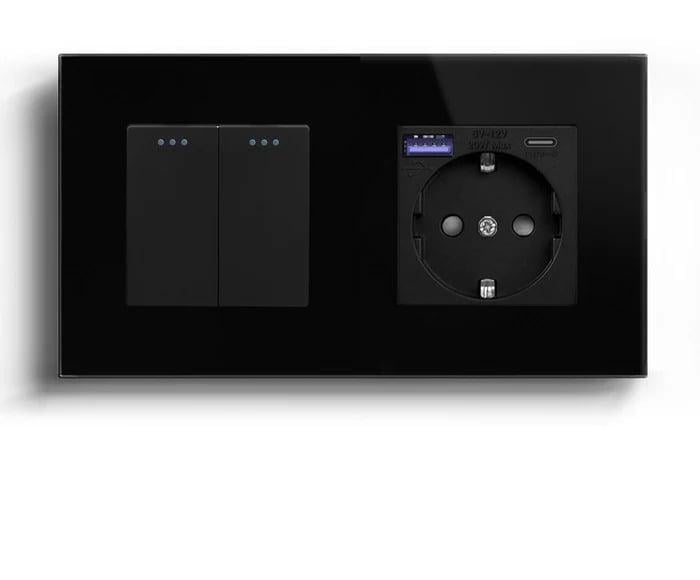 Выключатель двойной LUXION с розеткой USB A+C 20Вт с заземлением стекло Черный