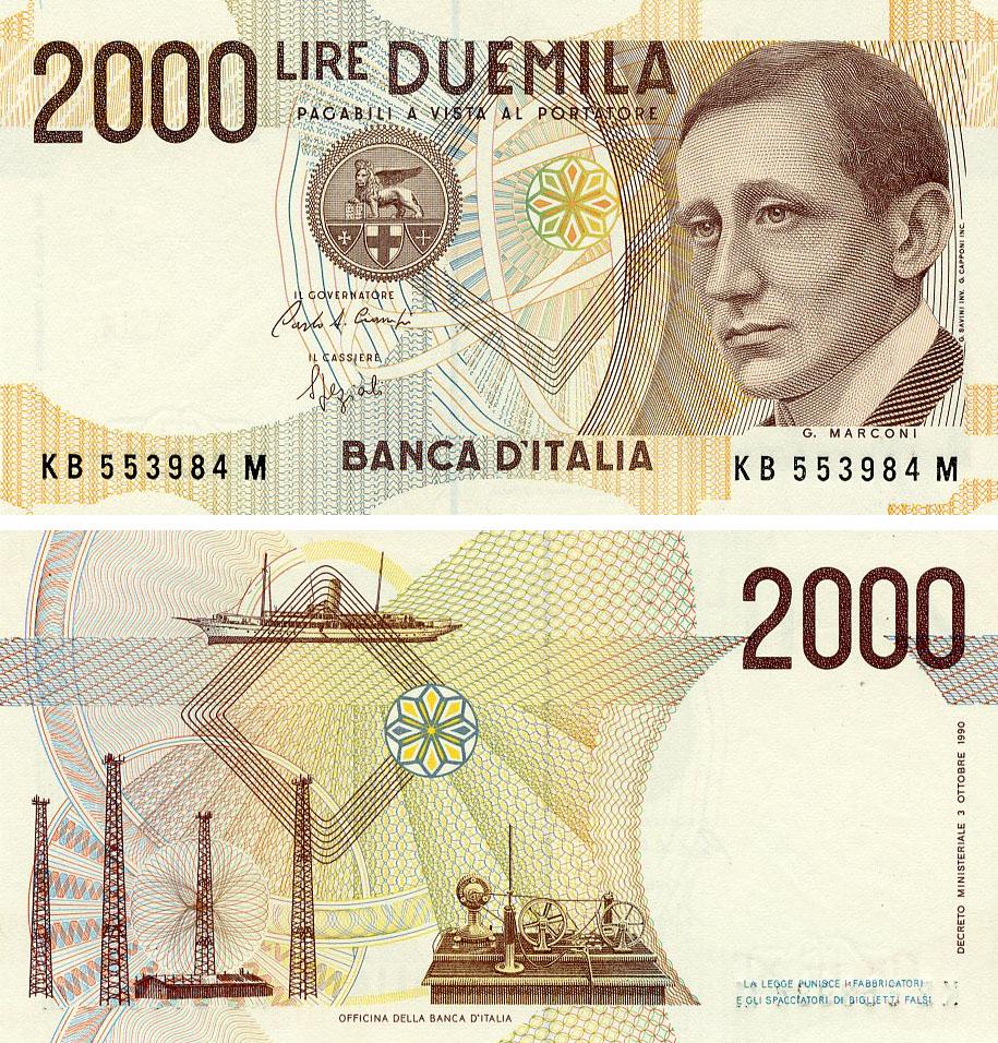 Коллекционная банкнота Италия 2000 лир 1990 год UNC (P115)
