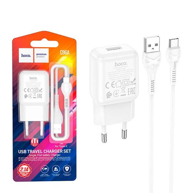 Устройство сетевое зарядное Hoco C96A 1 USB/2,1 A с кабелем для зарядки USB/Type-C Белый - фото 3