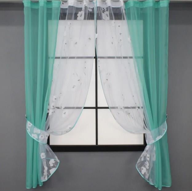 Занавеска кухонная 270х170 см Бирюзовый/Белый (083к)
