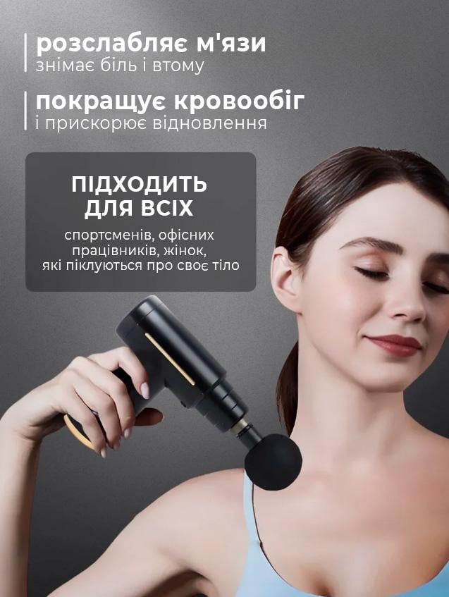 Вибромассажер перкуссионный BRS для тела/ног/лица/шеи с насадками Black (500952609) - фото 5