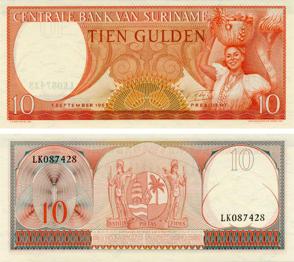 Коллекционная банкнота Суринам 10 гульденов 1963 года UNC P121b (Б16452)