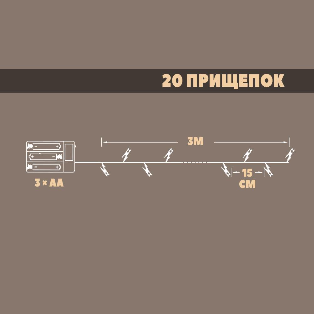 Гирлянда-прищепки для фотозоны на батарейках 3 м Желтый (22901456) - фото 6