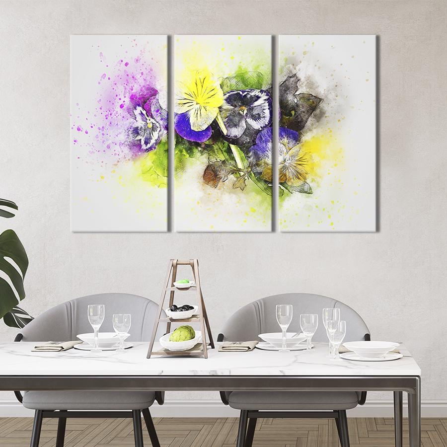 Картина на холсте триптих Абстрактные цветы анютины глазки 156x100 см (852-31)