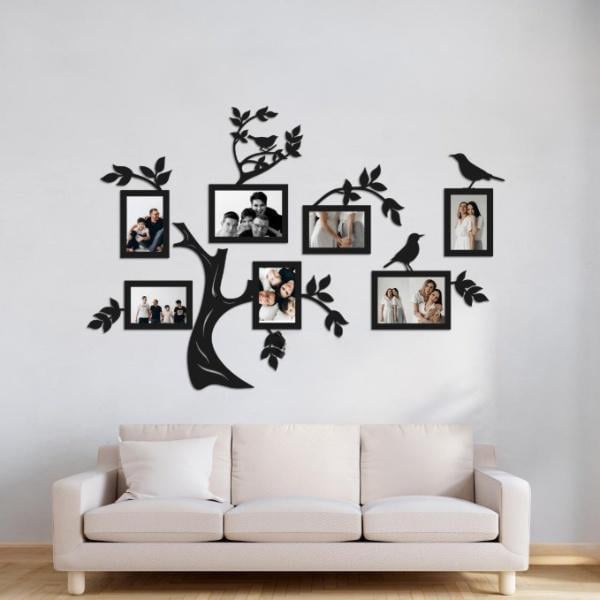 Панно деревянное Decart Семейное дерево декор для комнаты гостиной для семьи С птичками 134х93 см рамки 13x18 см 5 шт./18х24 2 шт.