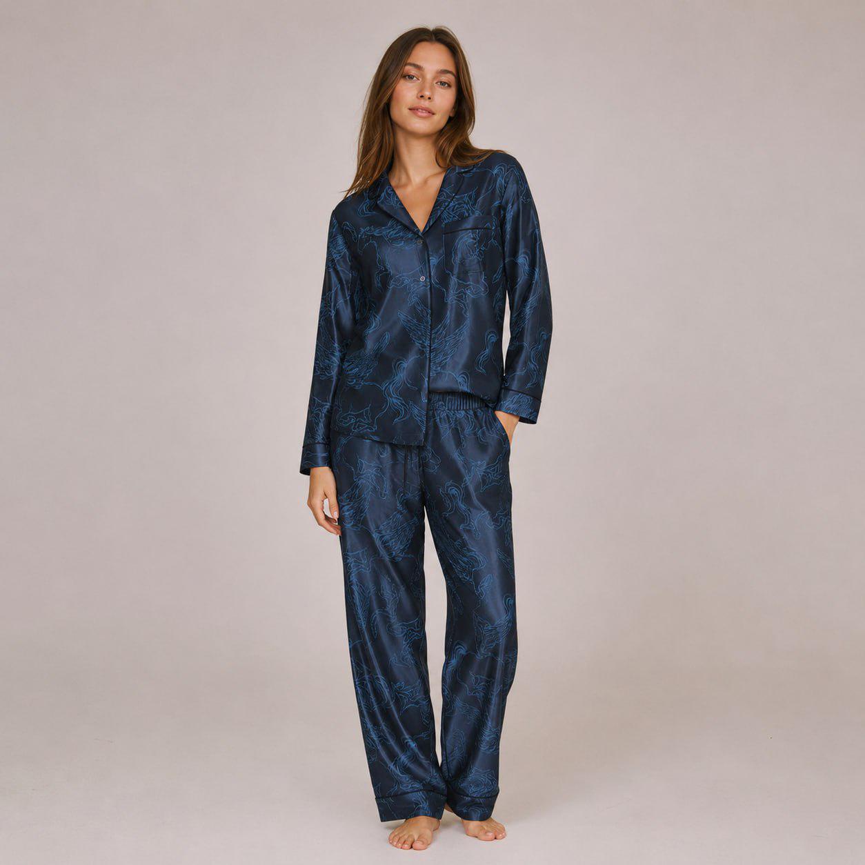 Пижама сатиновая Victoria's Secret Signature Satin Long Pajama Set Blue Pegasus Regular S Синий (27162774)