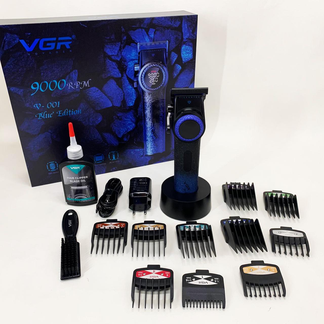 Машинка для стрижки волосся VGR V-001 BLUE з дисплеєм 9000 об/хв та 10 насадками 1,5-24 мм (13352184)