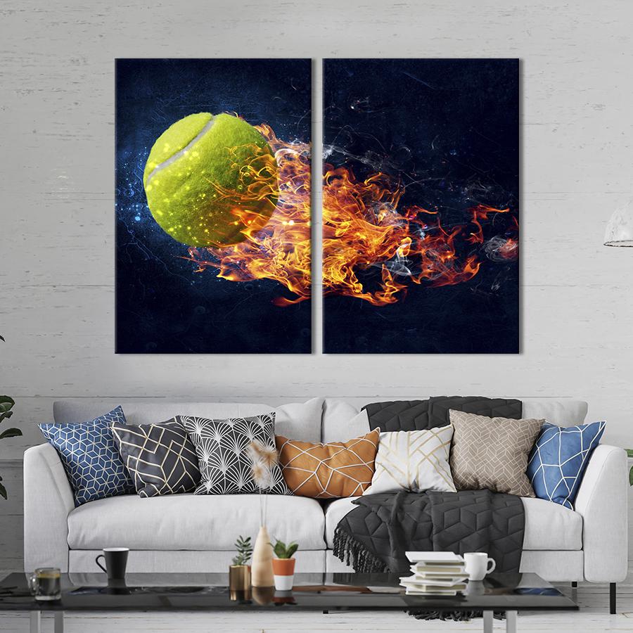 Настенный декор диптих картина на холсте для интерьера Огненный теннисный мяч 111x81 см (494-2)