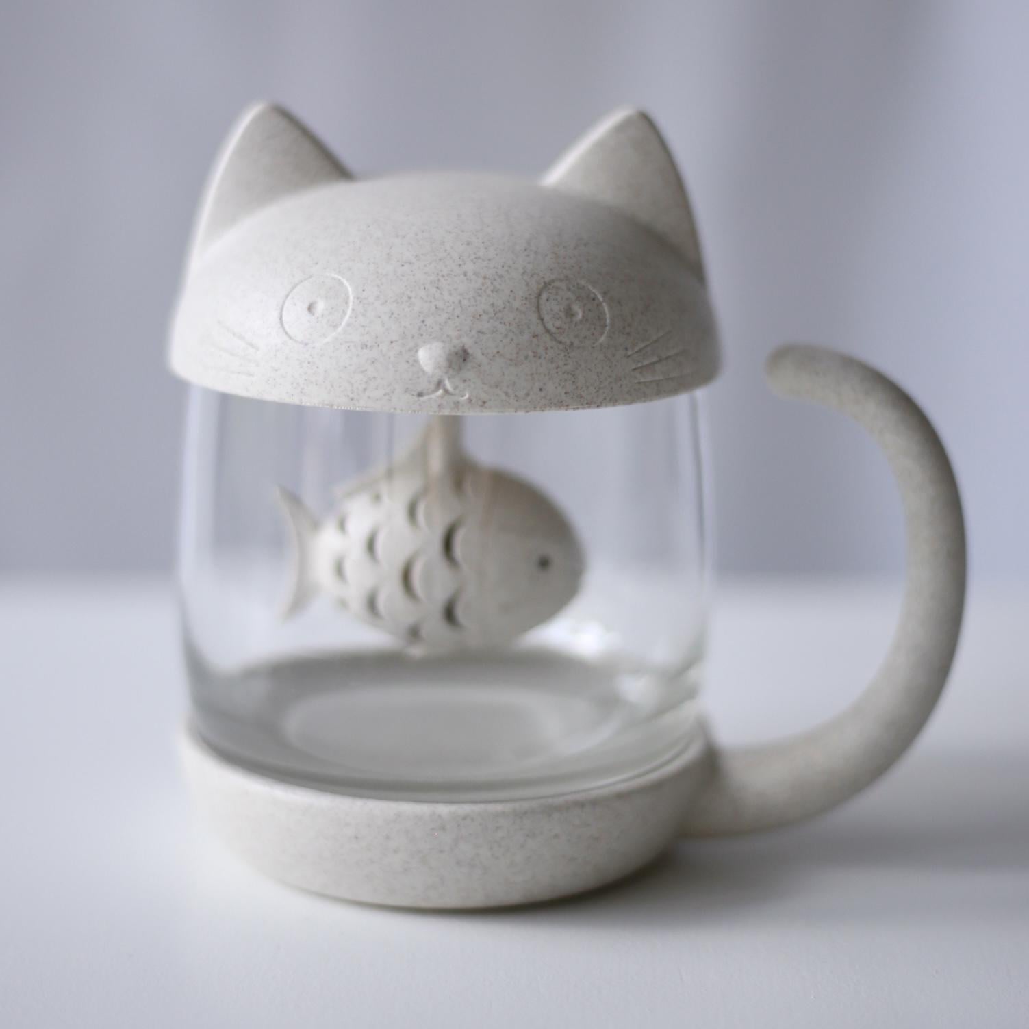 Чашка с заварником Котик с рыбкой 300 мл Молочный (00000010118)