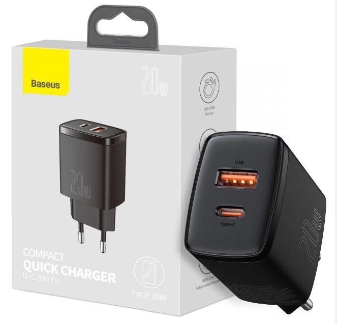 Сетевое зарядное устройство BASEUS Compact Quick Charger USB-A/USB-C 20W Black (CCXJ-B01) - фото 2