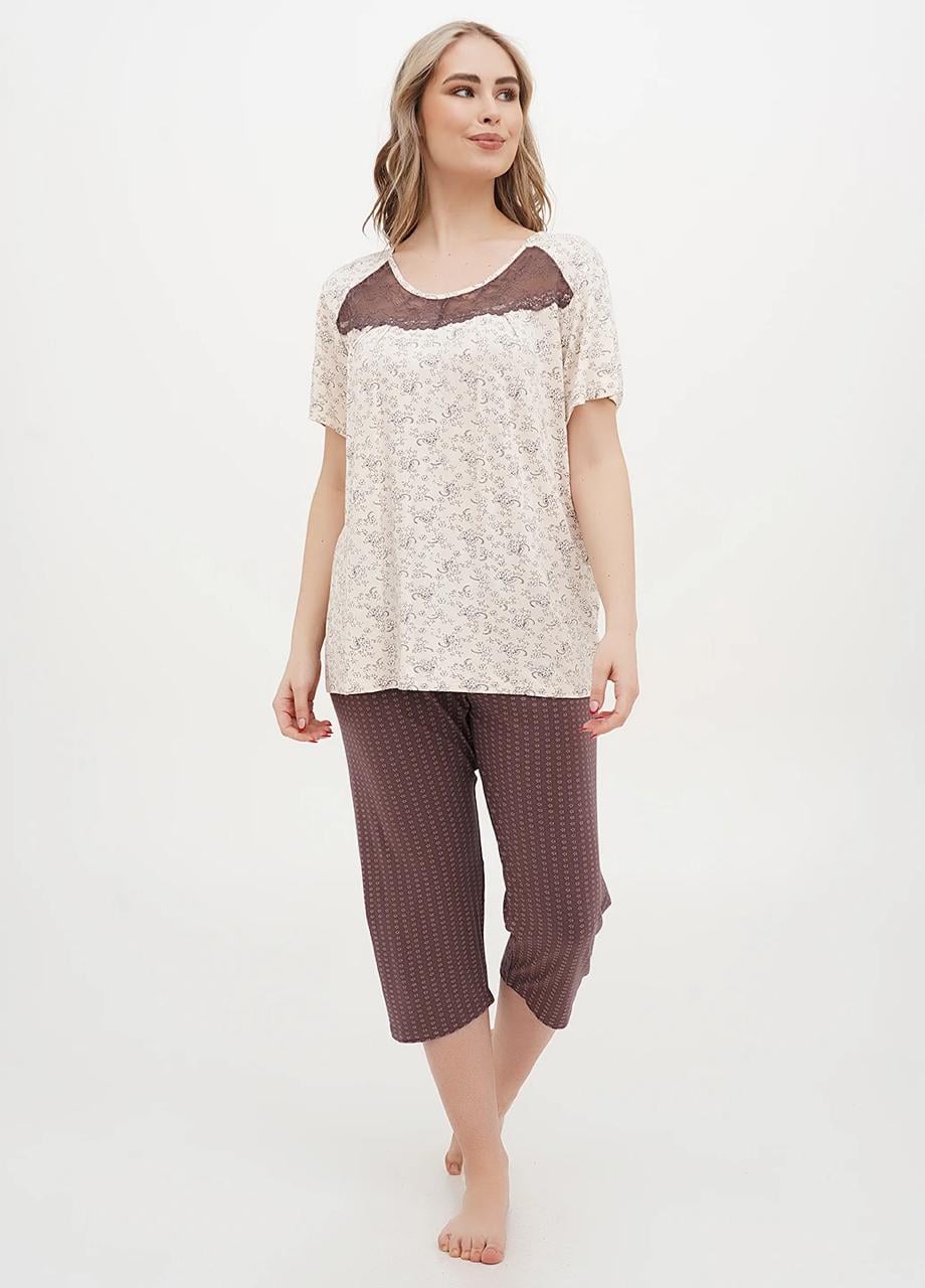 Пижама женская Cotpark футболка/бриджи 3XL Молочный с коричневым (14435-3-3XL) Пижама женская Cotpark футболка/бриджи 3XL Молочный с коричневым (14435-3-3XL)