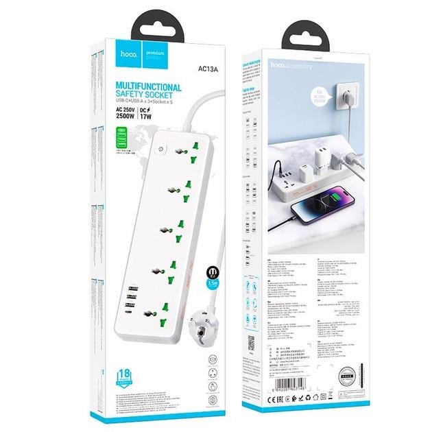 Подовжувач на 5 розеток Hoco AC13A 3USB/1Type-C 10A 250V 2500W 1,5 м Білий (2542724134) - фото 5 Подовжувач на 5 розеток Hoco AC13A 3USB/1Type-C 10A 250V 2500W 1,5 м Білий (2542724134) - фото 5