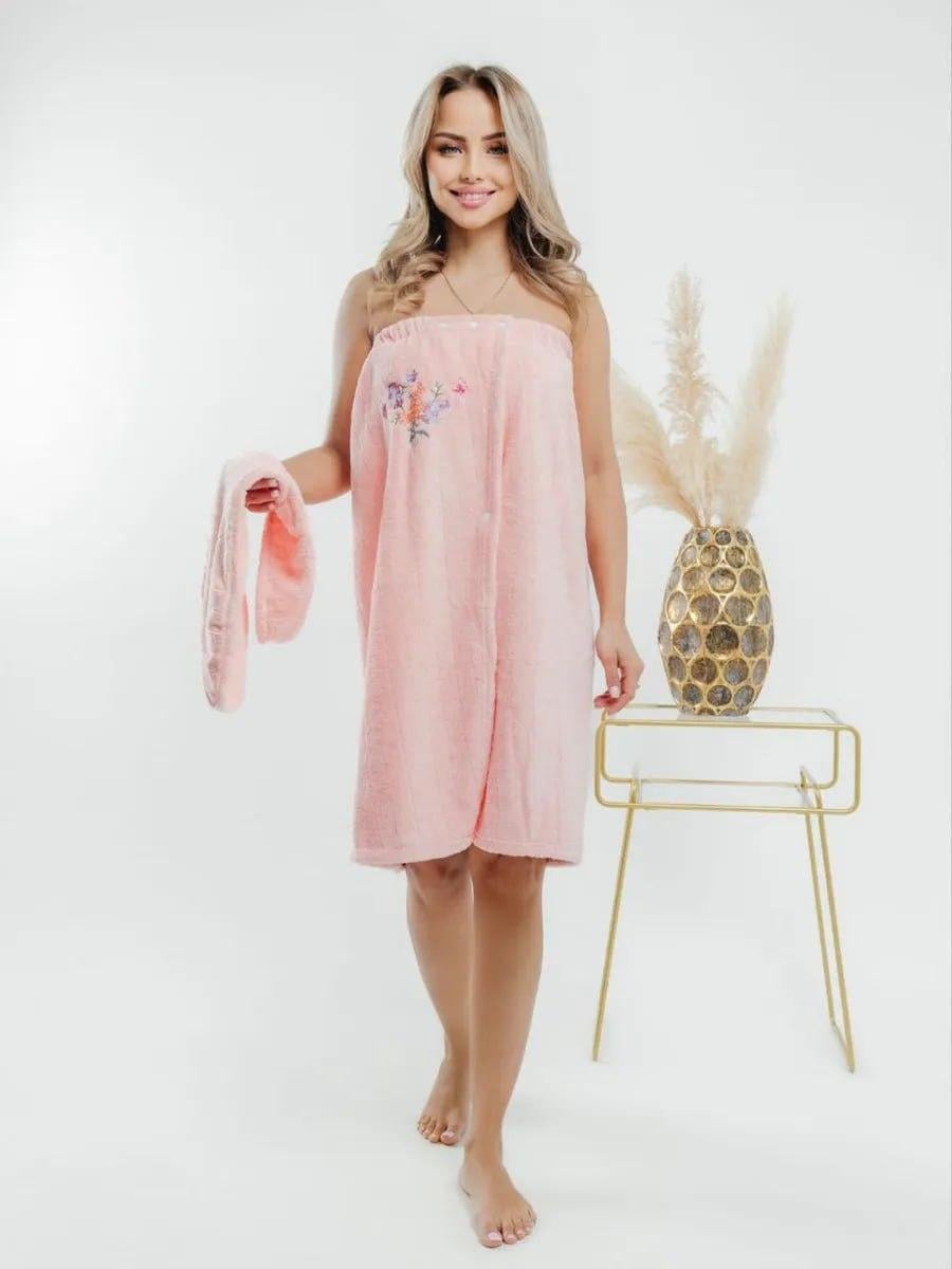 Набір для лазні жіночиий з чалмою мікрофібра Ніжно-рожевий (П4К-saunew-007)