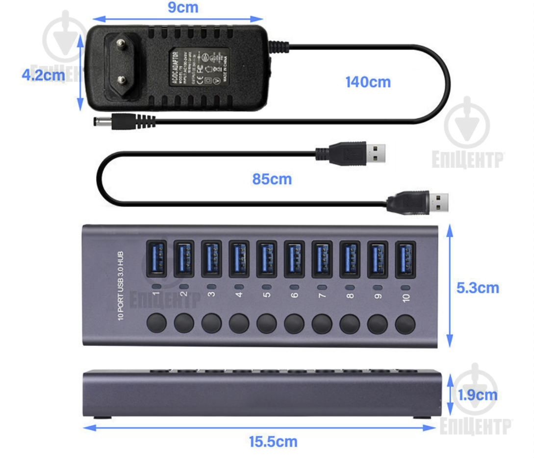 Хаб USB 3.0 c дополнительным питанием 10 USB портов алюминиевый корпус 24V3A 72W (700037) - фото 3 Хаб USB 3.0 c дополнительным питанием 10 USB портов алюминиевый корпус 24V3A 72W (700037) - фото 3